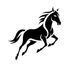 Obraz premium A black horse silhouette vector illustration depicts an isolated equine stallion with a flowing mane in a running gallop.