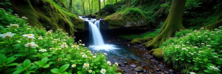 Naklejka premium Forest floor covered in ferns and wildflowers near a cascading waterfall, nature, greenspace, fern