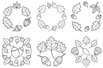 Naklejka premium Autumn Leaves and Acorns Frame Outline Coloring Page Line Art Drawing