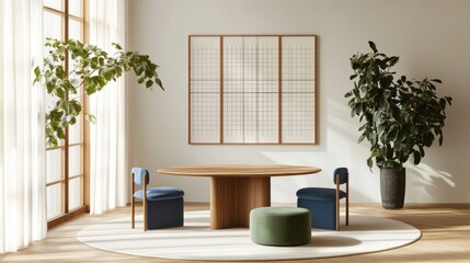 Fototapeta premium Minimalist dining room, sunlight, plants, round table, calm