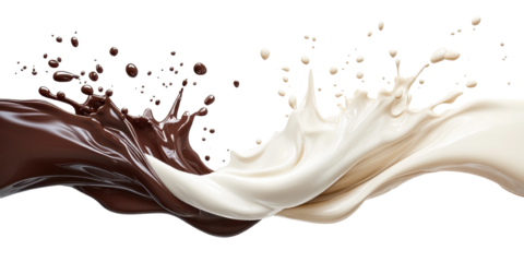 Chocolate & Milk: A dynamic visual of two fluid streams merging in mid-air, one rich chocolate, the other creamy milk, creating an artistic splash that evokes a sense of deliciousness.