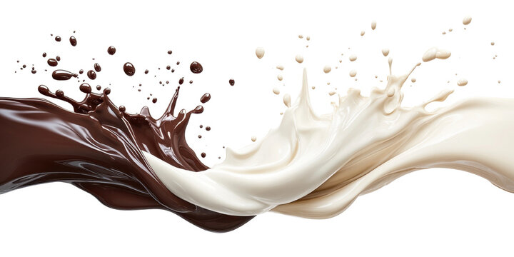 Chocolate & Milk: A dynamic visual of two fluid streams merging in mid-air, one rich chocolate, the other creamy milk, creating an artistic splash that evokes a sense of deliciousness.