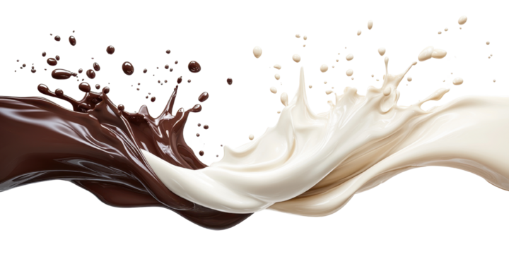 Chocolate & Milk: A dynamic visual of two fluid streams merging in mid-air, one rich chocolate, the other creamy milk, creating an artistic splash that evokes a sense of deliciousness.