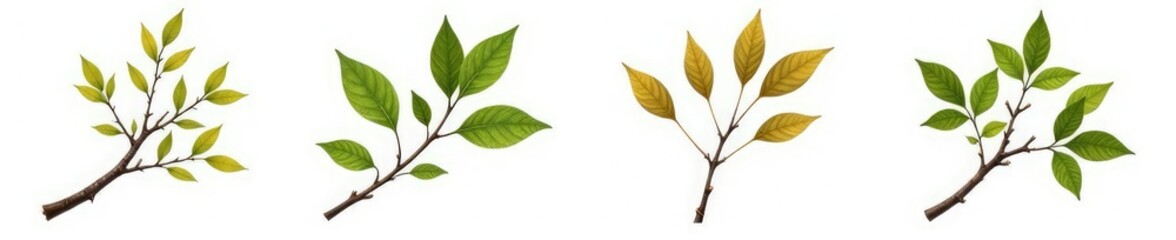 Fototapeta premium Four isolated branches on a white background with different shapes, texture, nature, tree branches