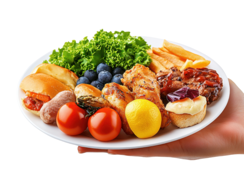 A Gastronomic Harmony: An appetizing plate, carefully curated and held, offering a delightful array of culinary creations, celebrating diversity of flavours and colours