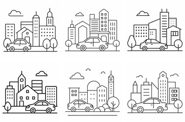 Obraz premium Car and Buildings Outline Coloring Page Line Art Drawing