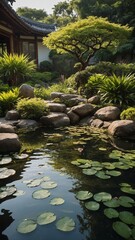 Amidst lush greenery, tranquil japanese garden reveals serene pond adorned with floating lily pads. Stepping stones lead across water, inviting contemplative walks.