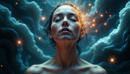 Artistic portrayal of a serene woman surrounded by ethereal cosmic lights, evoking a sense of meditation, enlightenment, and celestial wonder, reflecting introspection and magical essence of universe