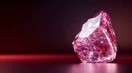 Raw pink diamond crystal on red surface with dramatic lighting, showcasing natural mineral formation and luxury gemstone characteristics in professional jewelry photography setup.