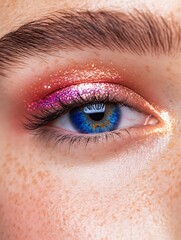 Obraz premium Close-up of woman's eye with vibrant colorful eyeshadow and glossy finish, high-end makeup photography for beauty and fashion industry
