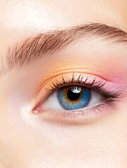 Obraz premium Close-up of woman's eye with vibrant colorful eyeshadow and glossy finish, high-end makeup photography for beauty and fashion industry