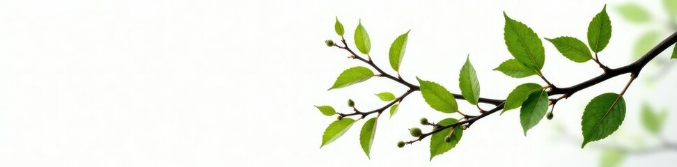 Leafy branches with twigs and small buds isolated on white background, plants, foliage, twigs and buds