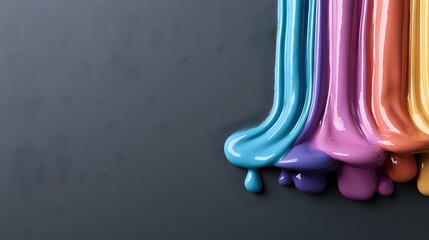 Obraz premium Colorful liquid drips in blue, purple, pink and orange creating smooth flowing lines against dark background, abstract macro photography for creative design projects.
