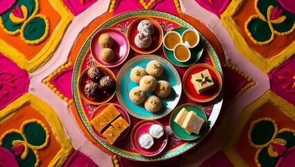 Fototapeta premium A vibrant array of festive Indian sweets arranged on a colorful platter, celebrating a joyous occasion with rich textures and warm lighting.