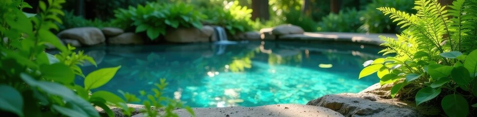 Leaves and ferns scattered around a sunlit pool, peaceful atmosphere, nature, pool water