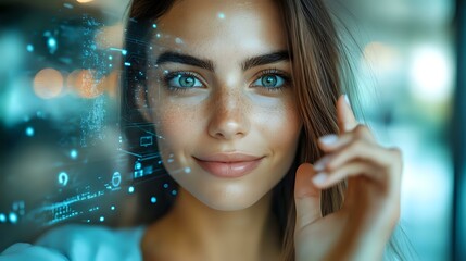 Young woman with bright blue eyes smiling while digital data streams and glowing numbers float around her in cyan technological atmosphere, representing AI and future technology.