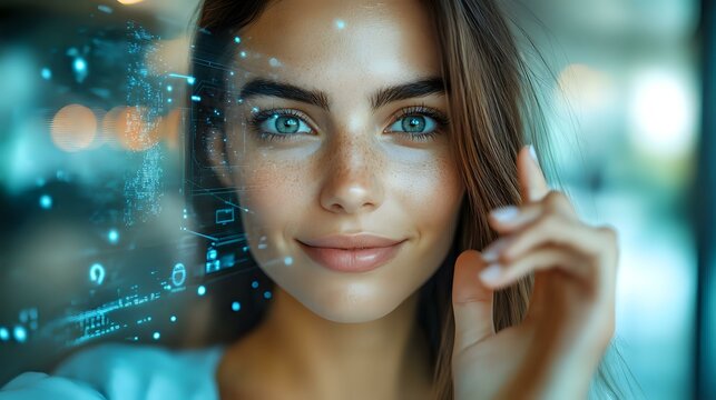 Young woman with bright blue eyes smiling while digital data streams and glowing numbers float around her in cyan technological atmosphere, representing AI and future technology. - Powered by Adobe