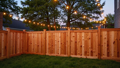 Cozy cedar privacy fence illuminated by fairy lights at twilight, relaxation