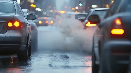 Fototapeta premium Cars in traffic with exhaust fumes, dark and wet street