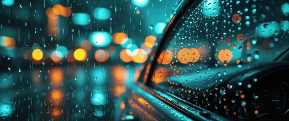moody close-up of car side mirror with raindrops illustration