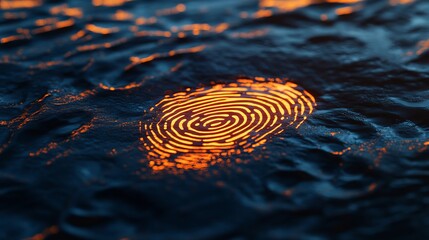 Futuristic glowing fingerprint on dark liquid surface security identification biometric authentication concept art