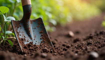 Aged gardening spade resting on rich soil, nurturing growth