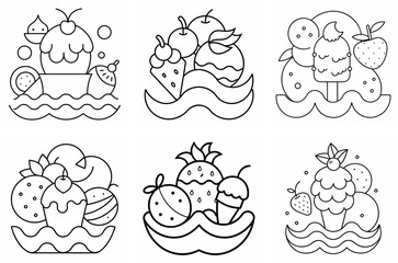 Ice Cream, Fruits, and Waves Outline Coloring Book Page Line Art Drawing Set on White Background