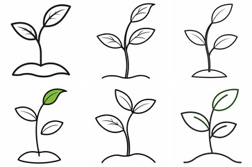 Little Seedling Sprout Outline Coloring Book Page Line Art Drawing Set on White Background