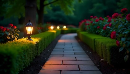 Fototapeta premium A photograph captures a garden path at night, illuminated by lanterns and lined with hedges and roses