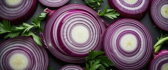 vibrant close-up of sliced red onions with fresh parsley