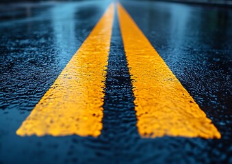 Two yellow lines marking a wet road surface are visible