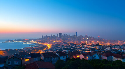 Cityscape At Sunrise Over Bay