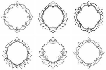 Ornate Floral Frame Outline Coloring Book Page Line Art Drawing Set on White Background