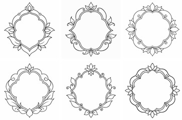 Ornate Floral Frame Outline Coloring Book Page Line Art Drawing Set on White Background