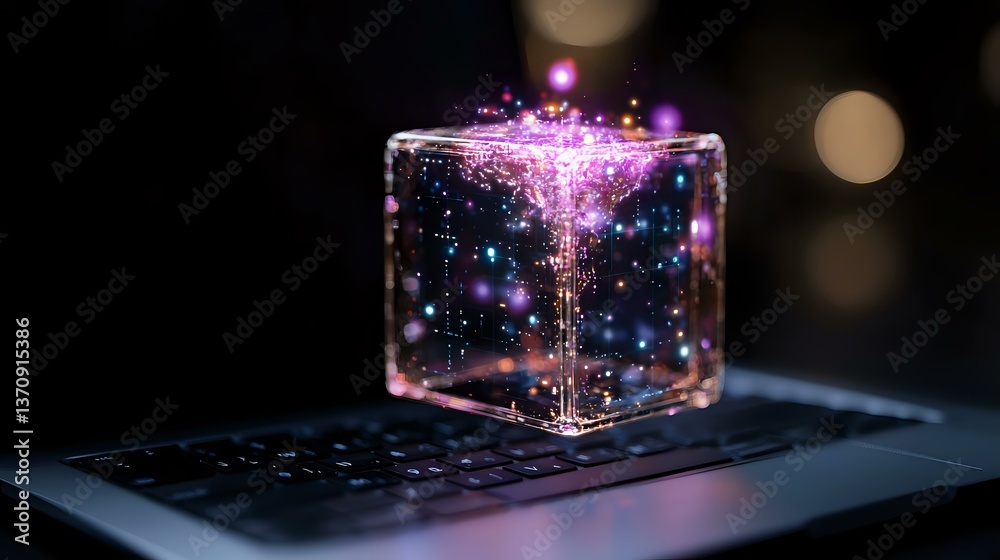 Poster glowing transparent cube with magical purple and blue sparkles floating on laptop keyboard, creating