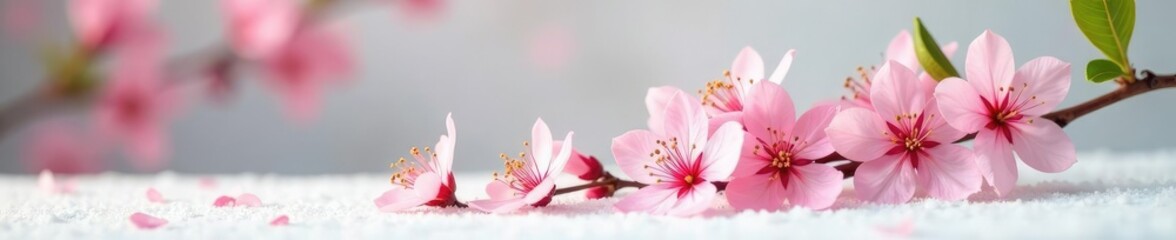 Obraz premium Pink blossoms spill from a lush green stem, cascading down a snowy white surface, botanical, pink blossoms, elegant