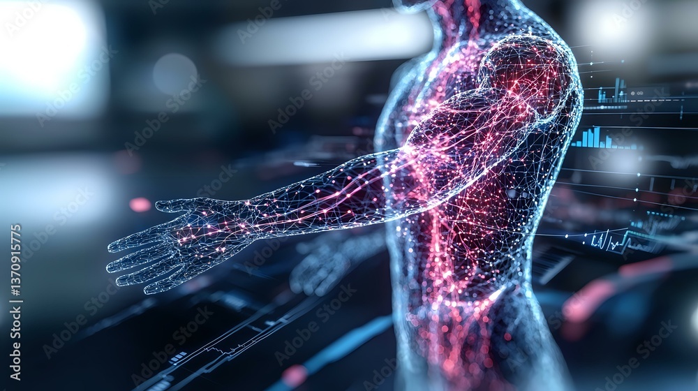 Poster digital visualization of human nervous system showing glowing red neural pathways and anatomical con