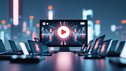In a contemporary workspace, multiple laptops are arranged around a central monitor showcasing a vibrant video playback interface