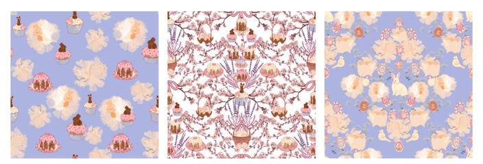 Set of three seamless Easter patterns in retro vintage style. Pastel seasonal spring floral wallpaper with bunnies and traditional April treats
