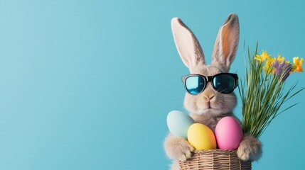 Cute Easter bunny wearing stylish sunglasses and holding a basket of colorful eggs and spring flowers against a blue background. Ideal for seasonal promotions, greeting cards, and festive branding
