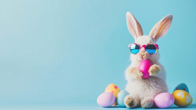 Adorable Easter bunny wearing vibrant sunglasses and holding a pink egg with colorful decorated eggs around, on a bright blue background. Perfect for Easter ads, festive greeting cards