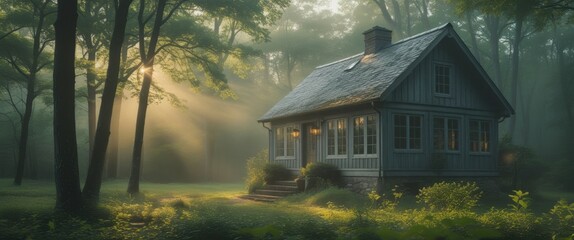 Fototapeta premium enchanting small house in the woods with glowing window