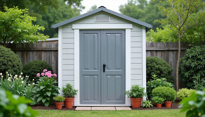 Compact gray garden shed surrounded by vibrant plants, organized storage