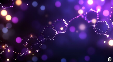 Glowing molecular structure with hexagonal shapes on purple bokeh background, scientific concept with connected dots forming chemical bonds and structures.