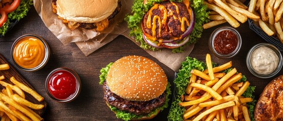 Delicious fast food spread with burgers, fries, and sides on rustic background