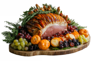 A beautifully arranged glazed ham centerpiece with fresh fruits and garnishes.