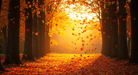 Golden Autumn Sunset Magical Fall Foliage Pathway with Falling Leaves
