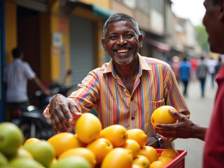 Fototapeta premium A smiling elderly black man stands at a fruit stall, engaging with a customer while holding a ripe mango in a vibrant market setting