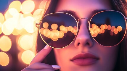 Close-Up of Woman�s Hand Adjusting Stylish Sunglasses with Manicured Nails in Fashion Boutique