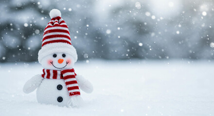 Adorable Snowman in Red Striped Hat and Scarf Winter Snow Scene